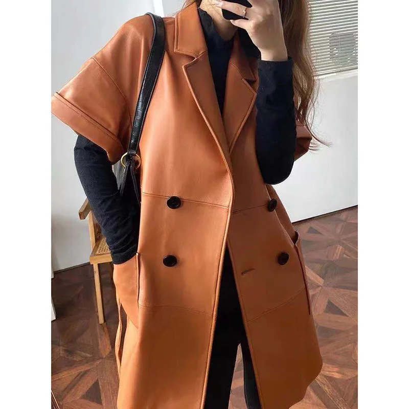 genuine Leather coat 2021 suit collar double-breasted windbreaker short sleeve strap long thin real sheepskin jacket women sexy 2021 new fall bomber flight pilot jacket windbreaker male korean thin slim long sleeve coat stand up collar plus size clothes
