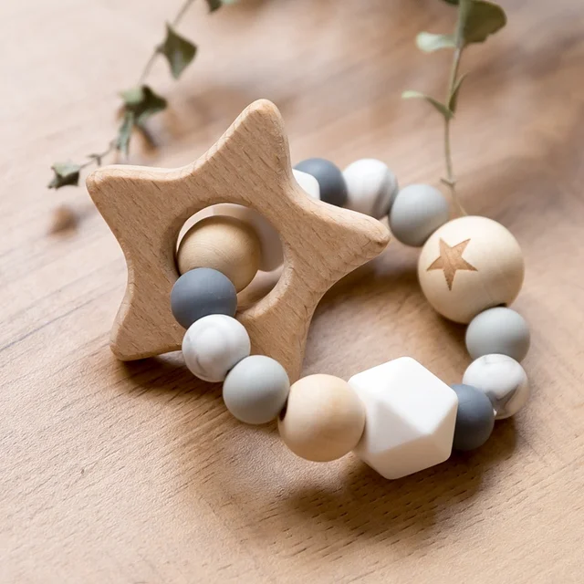 1PC  Silicone Beads Teether  Wooden Beads  Bracelet Nursing Teething Toys BPA Free Beech Wooden Star Bracelet DIY Baby Teether 5