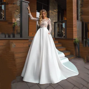 

Smileven 2020 Summer Lace Beach Wedding dress Long Sleeve A Line Satin Train Wedding Gown Ivory Lace Appliques Bridal Gowns