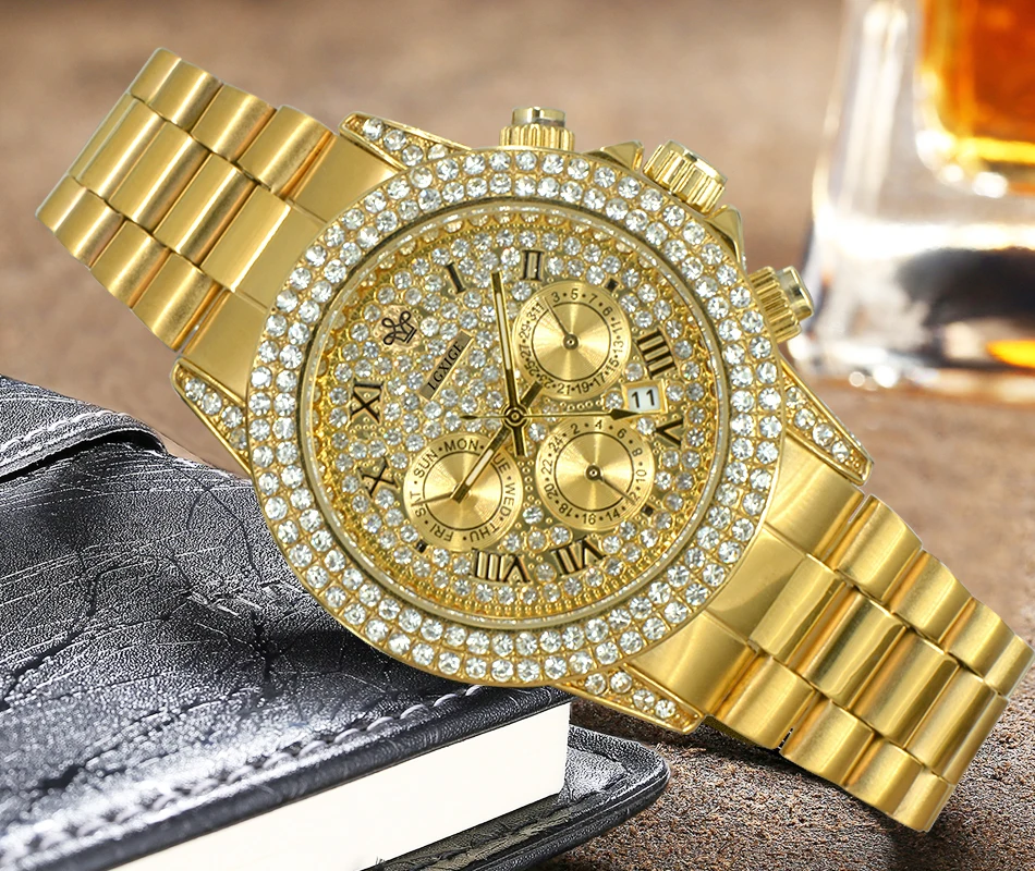 Дропшиппинг роскошные часы с бриллиантами Топ бренд модные часы мужские Кварцевые водонепроницаемые 18 К золотые часы хронограф Rolexable наручные часы
