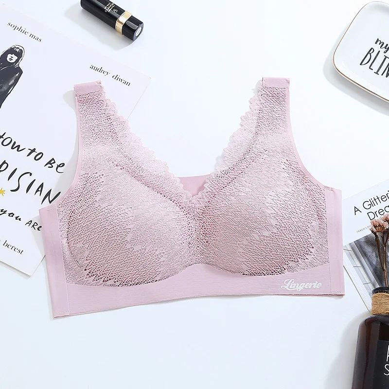 Wasteheart Women Fashion Black Pink Gray Wireless Lace Padded Bras Sexy One-Piece Bras Bralette Cup A B Underwear Seamless