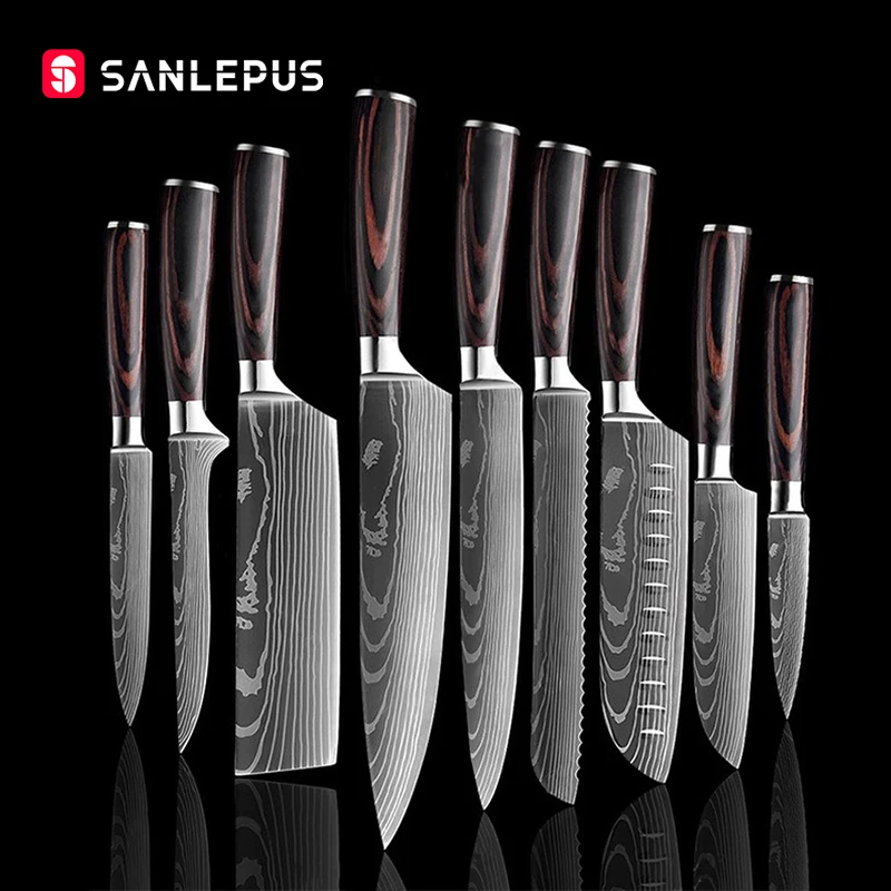 Нож шеф-повара SANLEPUS набор из 9 кухонных резцов с лазерным Дамасским узором острые