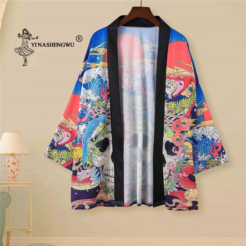 Yukata женское традиционное японское кимоно летняя Свободная рубашка с принтом карпа повседневное пальто кимоно Femme кимоно кардиган косплей костюм
