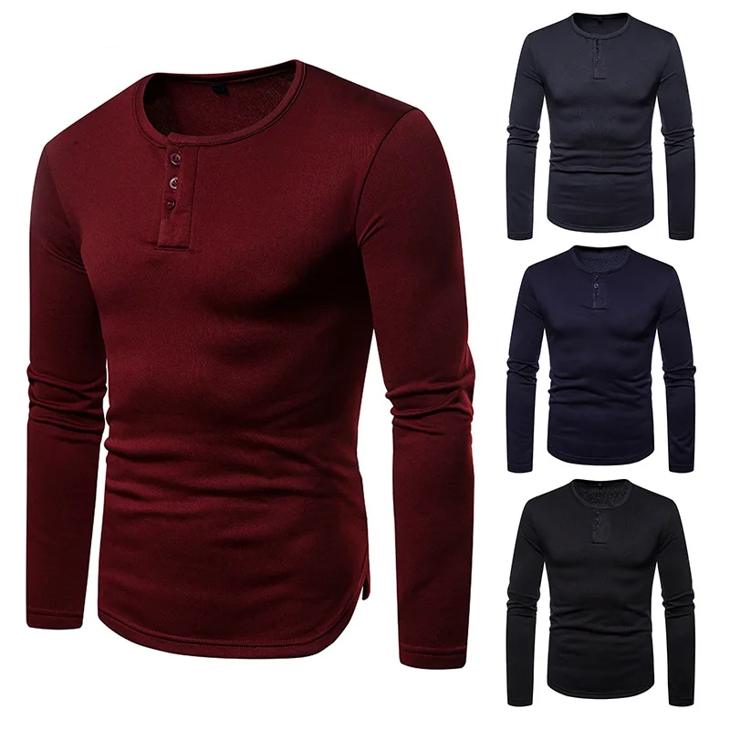 

2018 Autumn And Winter New Style Men plus Velvet Warm Long-sleeved T-shirt Henry Collar Slim Fit Base Shirt