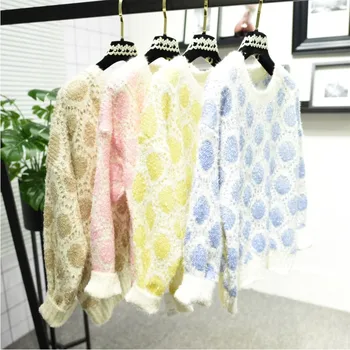 

Korean Autumn Mohair Sweater Pullover Dot Spliced Outerwear Loose Long Sleeve Sweaters Candy Color Sweet Knitwear O-Neck Warm