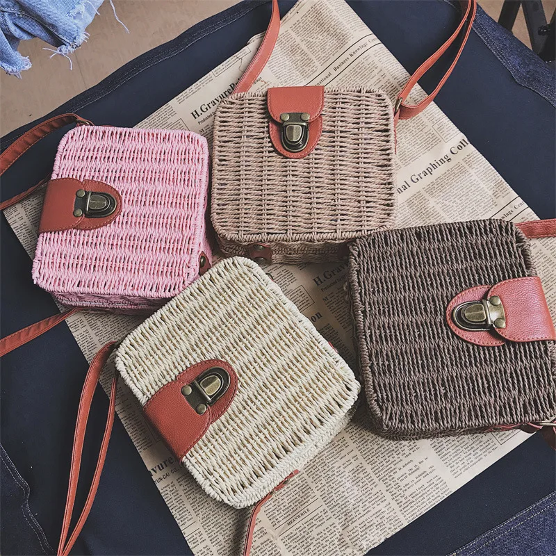 

Summer Shoulder Square Sling Bag Straw Bag Weaving WOMEN'S Bag Rattan Shoulder Bag Belt Buckle Beach Bag Travel Versatile