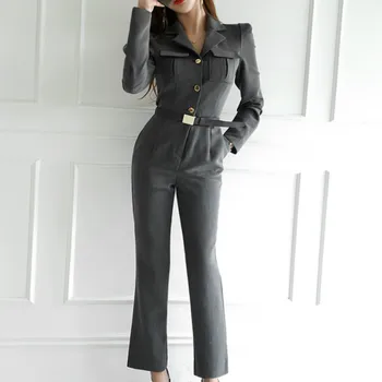 

2020 Autumn Korea Slim Notched Single Breasted Office Overalls Belt Solid Women's Work OL Jumpsuits