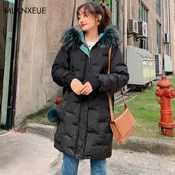 Однотонное зимнее длинное пальто с капюшоном, большие размеры, Женская Корейская утолщенная теплая парка, пальто, женская куртка на молнии