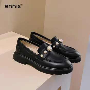 

ENNIS Black Rivet Slip On Platform Shoes Women Flats Shoes Loafer Woman Split Leather Casual Shoes Ladies Platform Shoes C0050