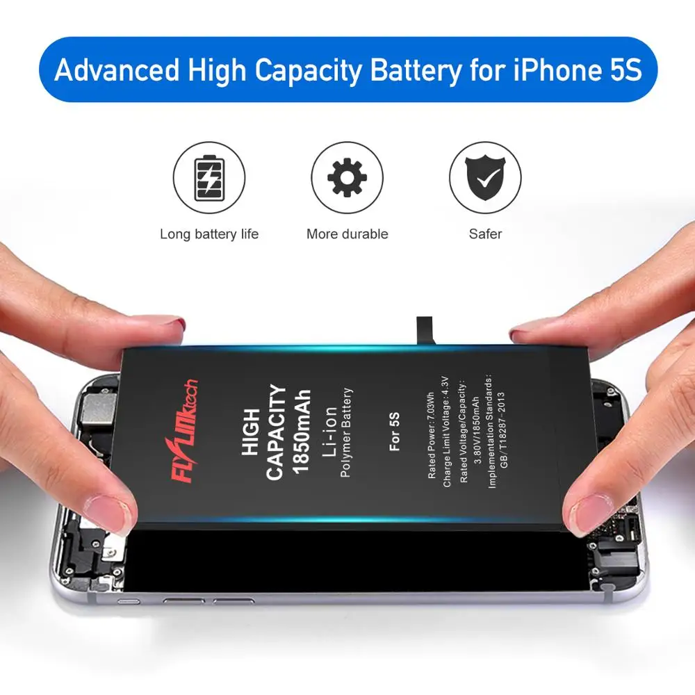Flylinktech для iPhone 5 5S, аккумулятор, 1850 мА/ч, высокая емкость, сменные батареи для iPhone 5S, с бесплатными инструментами для ремонта