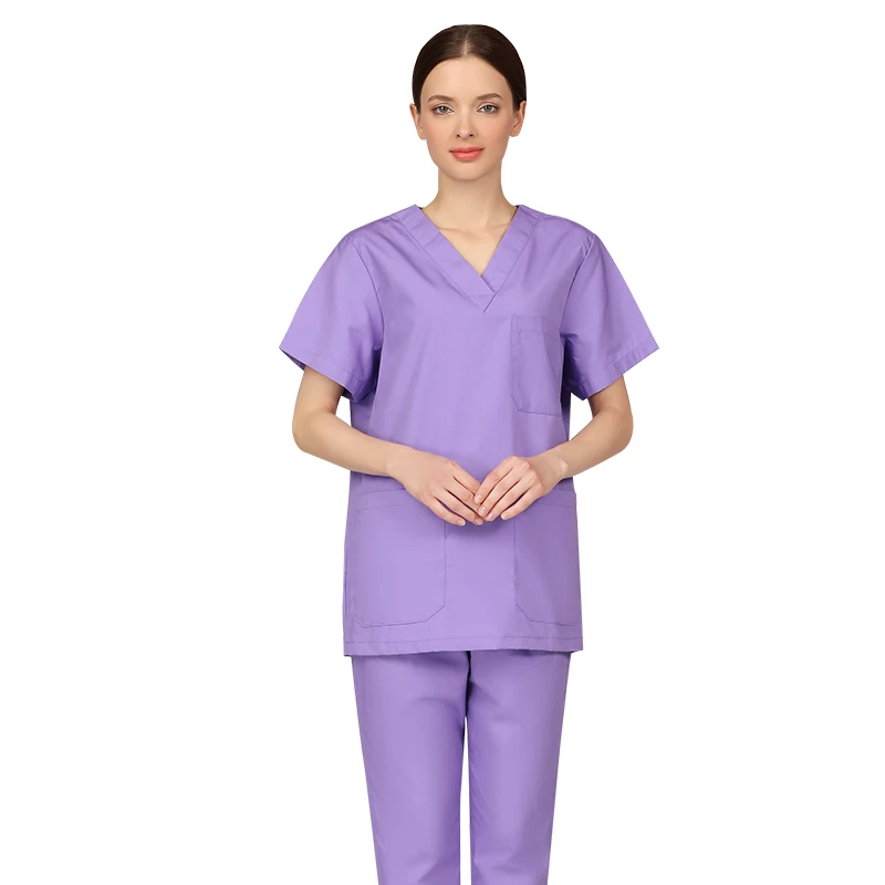 Новинка, Женская спецодежда, медицинская униформа, одежда для кормления, хирургическая рабочая одежда с коротким рукавом, v-образный вырез, хлопок, набор хирургической одежды - Цвет: Purple