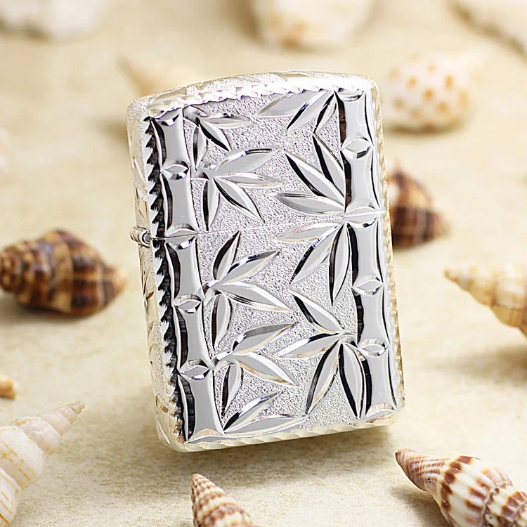 

Genuine Zippo oil lighter Silver plating bamboo cigarette Kerosene lighters With anti-counterfeiting code FGZ