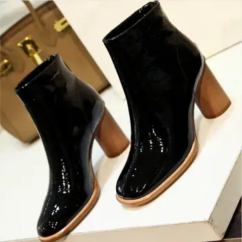 

2019 Europea New Gladiator Short Boots Women's Booties Female Ankle Boots Square toes Back ZIp Thick Heel Black Beige