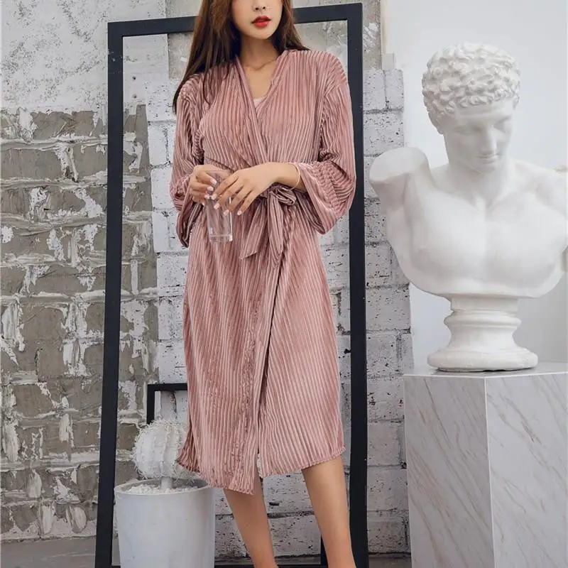 

Autumn Gold Velvet Women's Bathrobe Long Sleeve Black Split Female Robes Solid V-Neck Sashes Midi Nighties