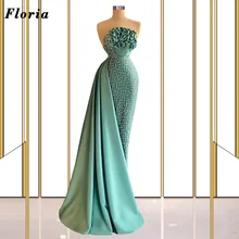 

Floria 2022 Elegant Strapless Green Evening Dresses For Women Robes Dubai Women Evening Gowns Couture Beaded Prom Party Dress