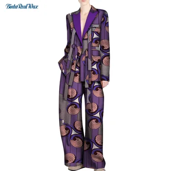 

2pcs Set Fashion Women Clothes African Print Patchwork Turn-down Collar Blazer Pants Suit for Women Bazin Riche Pant Sets WY4468