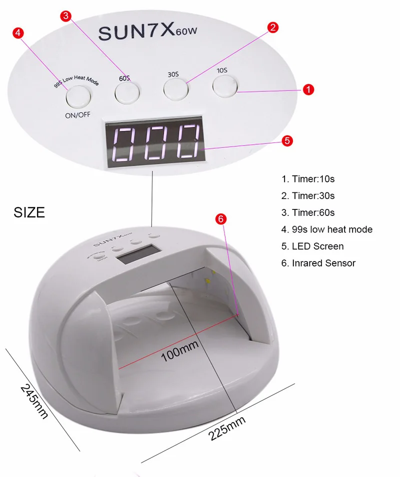 Conduziu a Lâmpada para Secador de Unhas com 4 Profissional Unha Elétrico Melhor Cura Temporizadores Unhas Arte Máquina Sun7x 60w uv 6 Sun7x profissional 60w uv conduziu a lâmpada