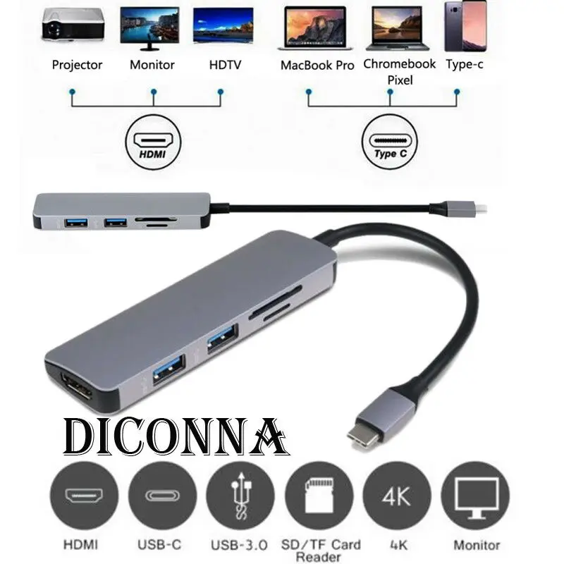 Горячая Распродажа, 5 в 1, USB-C, эспандер-концентратор type-C, концентратор USB C, 5 в 1, USB-C-4 K, HDMI, USB 3,0, SD, TF, кардридер, адаптеры, Конвертеры