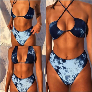 

2020 sexy Tie-Dye Gradient Blue Two-Piece Suits Women Swimsuit High Waist Female Swimming Bikini Sets Biquini Bathers Beachwear