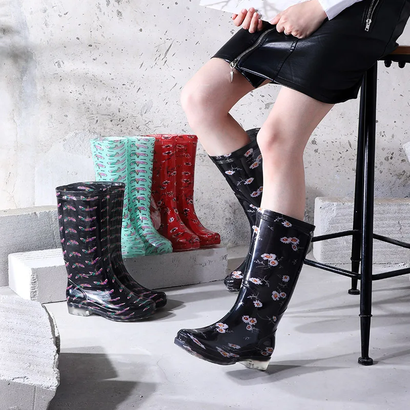 Flower Pvc Rain Boots Women High Waterproof Water Shoes Thick Heel Autumn New Female Casual Rainboots for Rain for Women