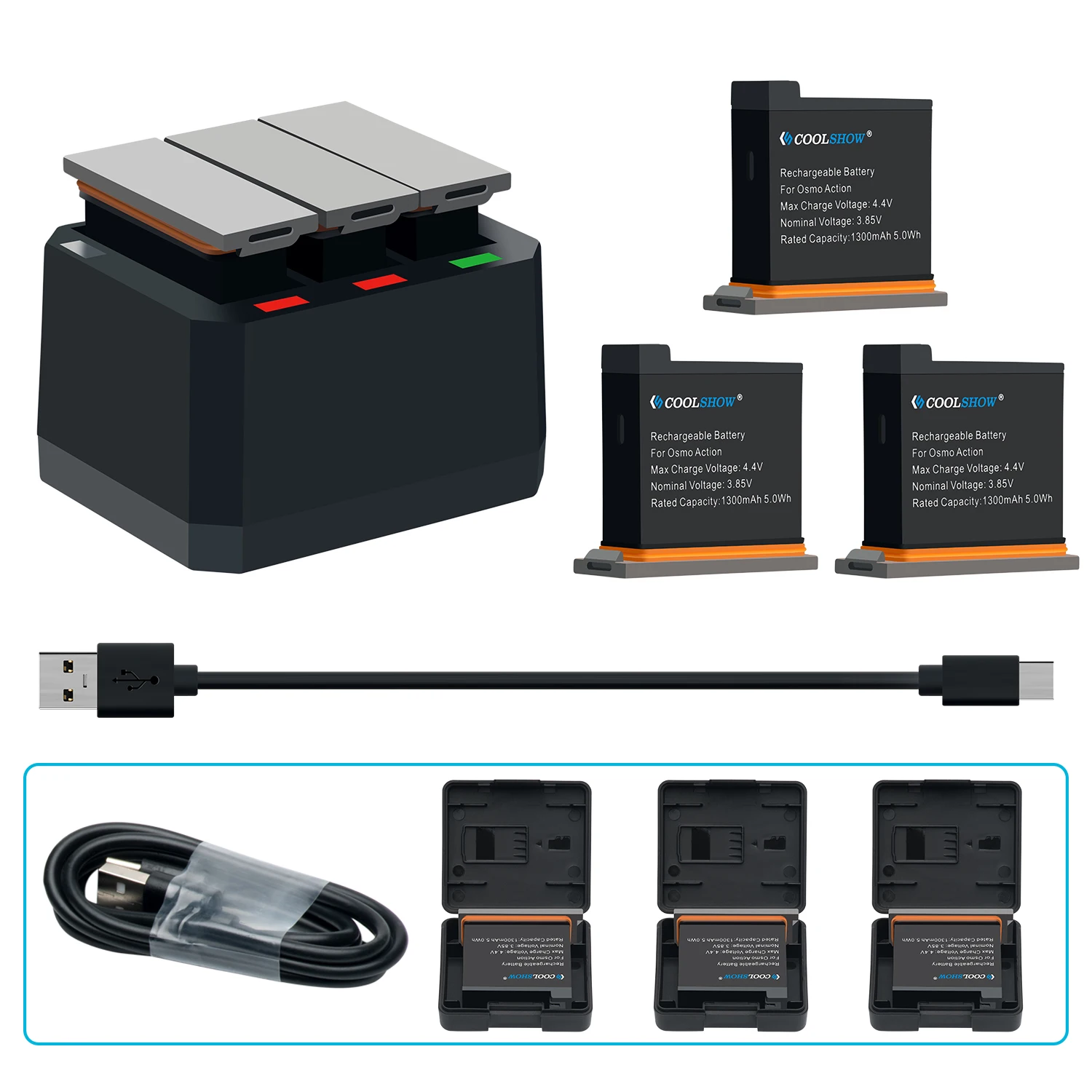 Carregador para Dji Baterias Pces Bateria 1 Rápido 3-channel Usb Osmo Ação Câmera Nova 3 1300 Mah - Image 2