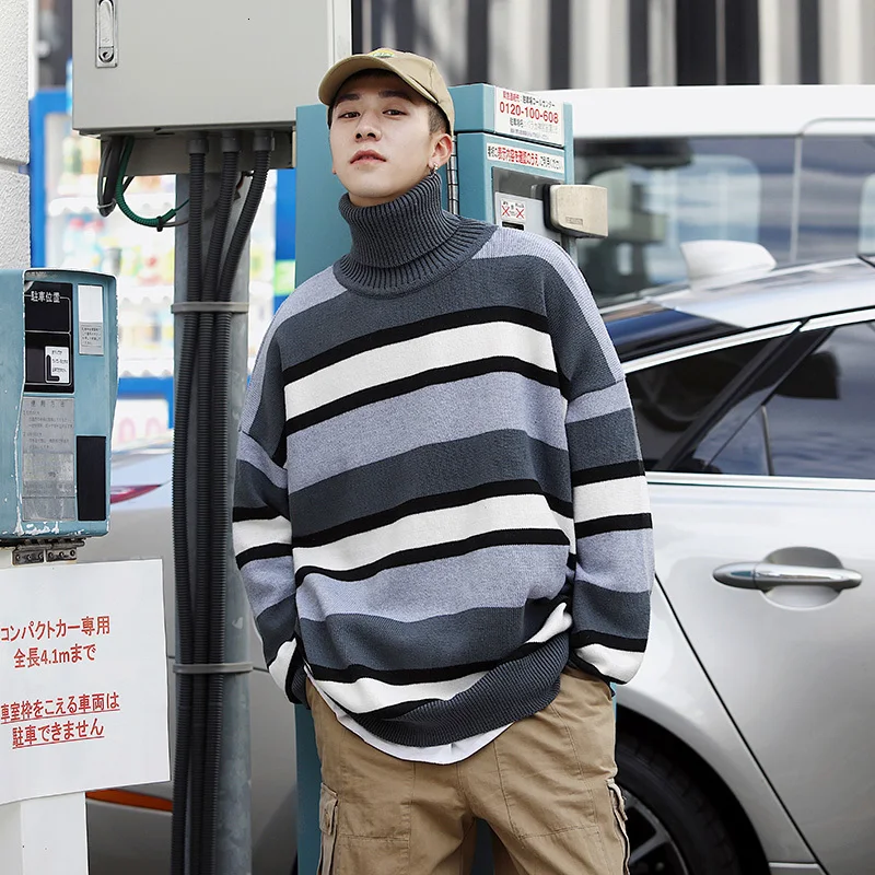 Winter Thick High Collar Sweater Men Warm Fashion Contrast Color Casual Knit Sweaters Man Sweter Loose Striped Pullover Men Winter Thick High Collar Sweater Men Warm Fashion Contrast Color Casual Knit Sweaters Man Sweter Loose Striped Pullover Men