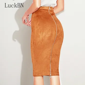 

LuckBN Autumn Suede Midi Skirt High Waist Faux Leather Skirt Winter Skirts Womens Two-way Zipper Through Pencil Skirt Saia Midi