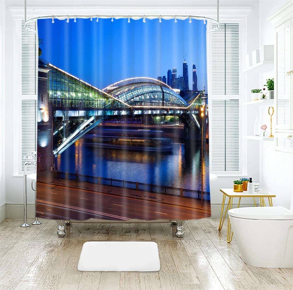 

3d Night Scene of City Pattern Bridge Seascape Shower Curtains Waterproof Thickened Bath Curtains for Bathroom Customizable