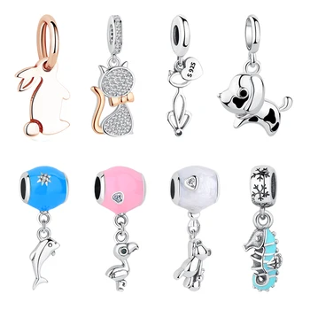 

925 Sterling Silver Cat Enamel Dolphin Flamingo Animal Charms Fit Original Pandora Bracelet Necklace Authentic Beads Jewelry