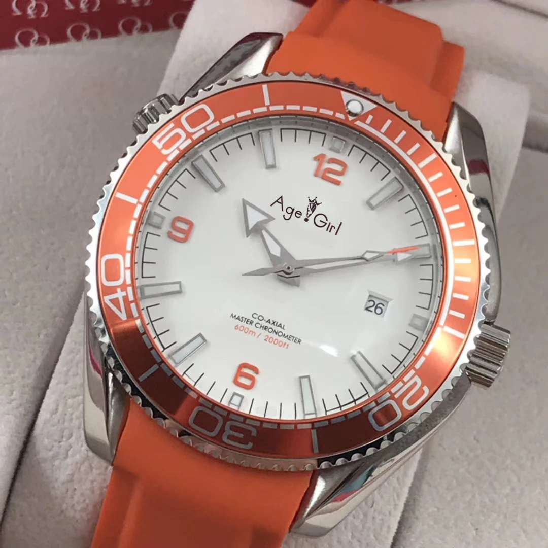 

2019 Luxury Brand New Men Automatic Mechanical Watch White Orange Rubber Ceramic Bezel Stainless Steel James Bond 007 Sapphire