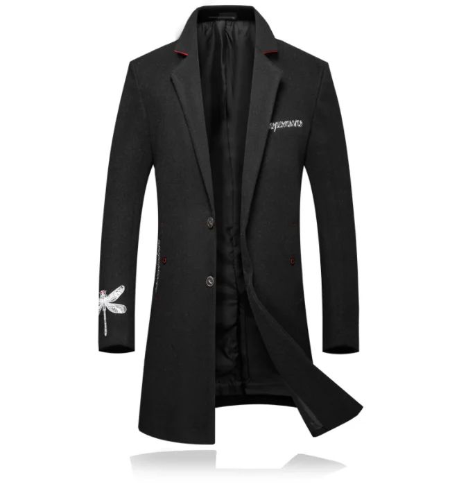 Модная мужская шерстяная куртка с длинными рукавами пальто с вышивкой Slim Fit мужские деловые куртки осень-зима новая мужская длинная куртка