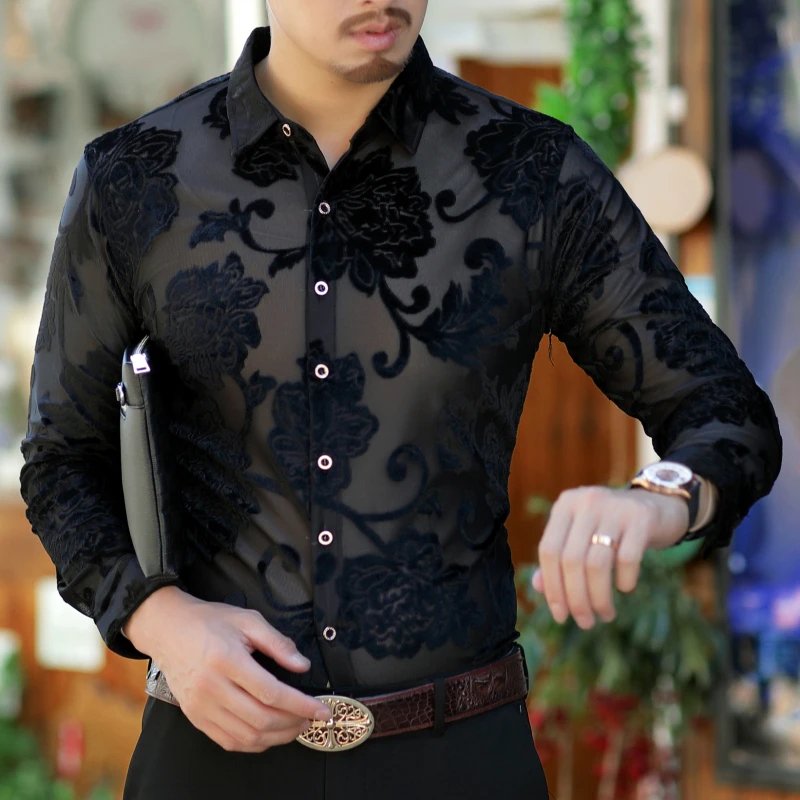 Рубашка с розовым цветком Мужская прозрачная рубашка для мужчин черная темно-синяя модная дизайнерская рубашка мужская рубашка с длинным рукавом высокого качества тонкая