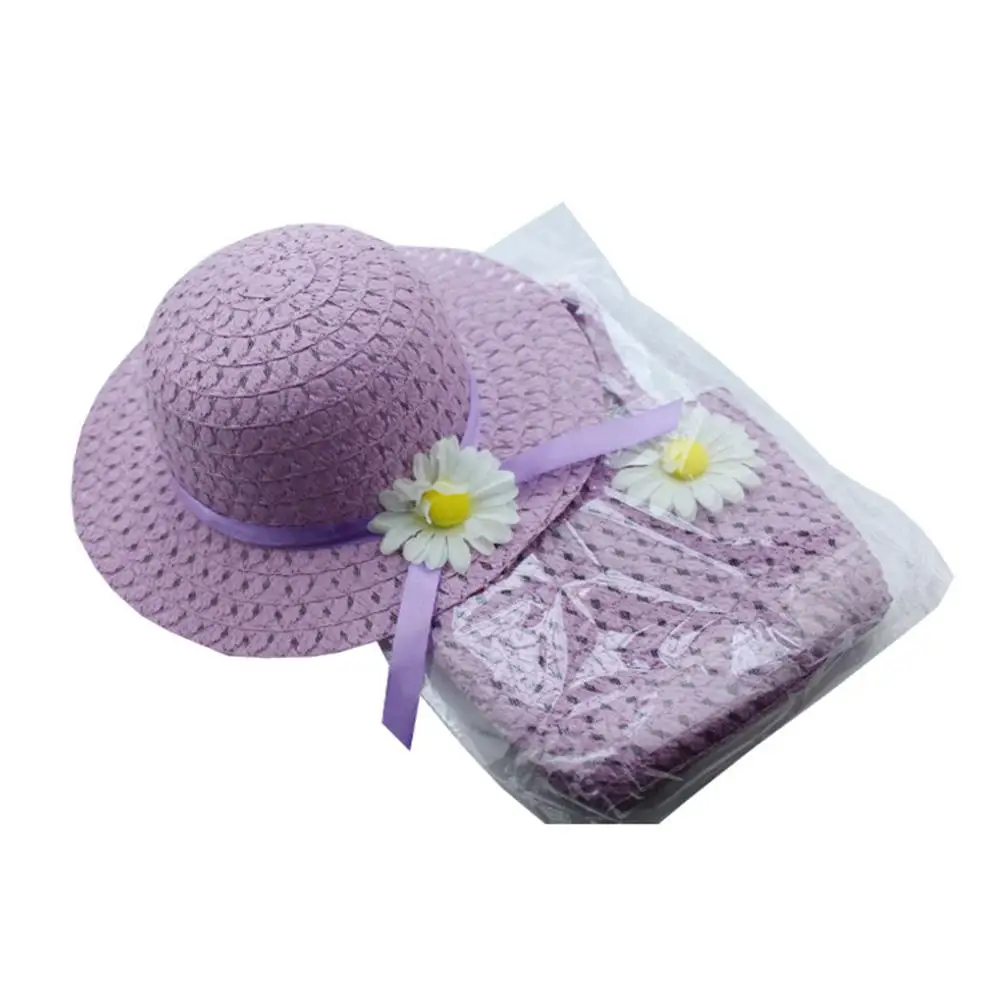 Flower Sun Straw Hat With Handbag Beach Suit Kid Girl Beach Hat Portable Summer Sun Cap Outdoor Riding Purse Sets With 2 Handles