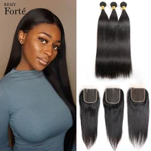 Remy Forte Straight Hair Bundles With Closure 8 30 Inch Remy Brazilian Hair Weave Bundles 3/4 Bundles With Closure Fast USA