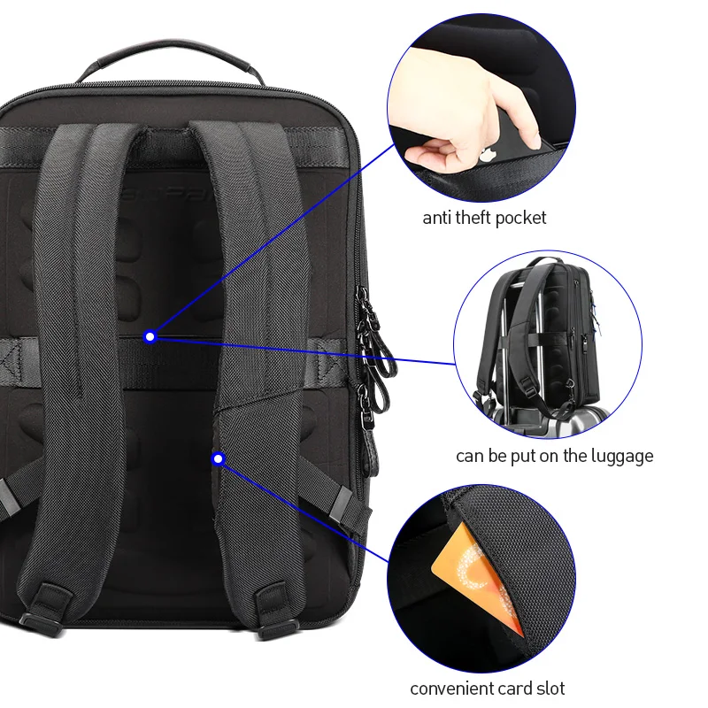 BOPAI Men Black Leather Backpack USB 