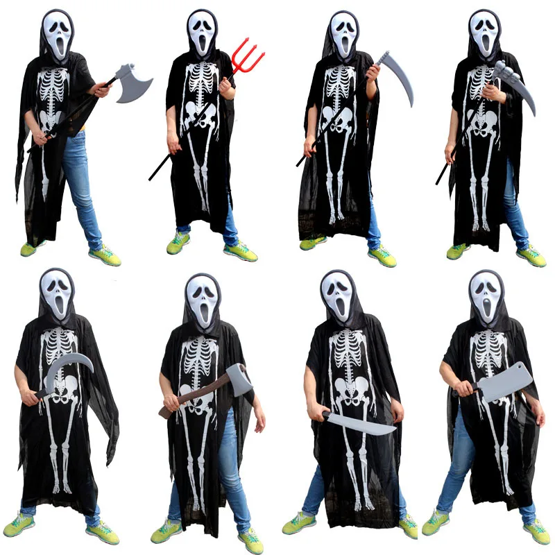 Хэллоуин плащ комплект мяч одевания Костюмы забавные одежда с принтом в виде скелета накидка + маска + Ax