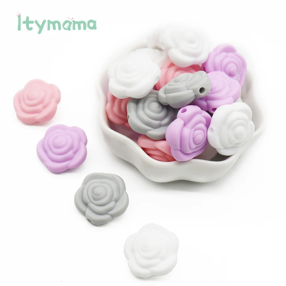 Itymama, 15 шт., детский прорезыватель, без БФА, розовый, силиконовый бисер, в форме цветка, для прорезывания зубов, ожерелье, сделай сам, соска, клипса, цепочка