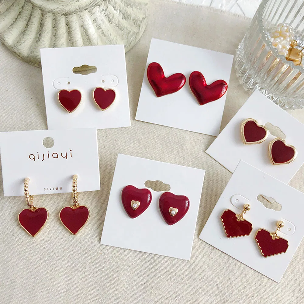 

Women Stud Earrings Red Drop Glaze Love Heart Shape Earrings Girl Fashion Jewelry Gifts