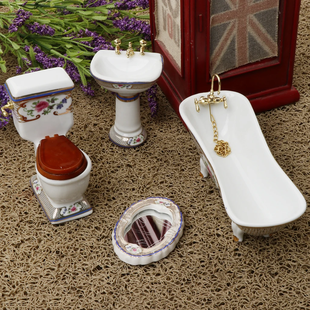 1/12 Dollhouse Mini Furniture Porcelain Bathroom Set Floral Toilet, Bathtub& Basin#3