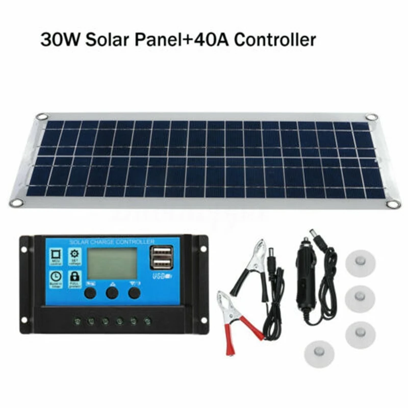 30 Вт двойной USB Гибкая солнечная панель комплект+ 40A контроллер+ зажим для наружного автомобильного зарядного устройства