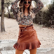 Huaxiafan юбка из искусственной кожи с поясом, Женская юбка, плиссированные юбки, плиссированные юбки с высокой талией, Женская Мини юбка для вечеринок, Клубная Сексуальная короткая юбка