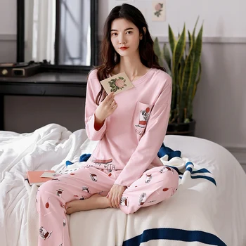 

Pyjamas Women 2020 Autumn Long sleeve Cotton Home clothes Women night suit Two Piece plus size Sleepwear Ladies Pajamas Set 2XL