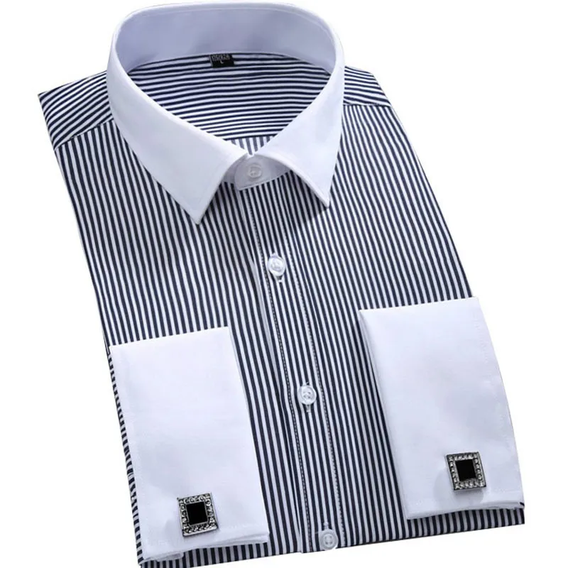Качественная мужская рубашка с французскими запонками, мужская полосатая рубашка с длинным рукавом, повседневные мужские брендовые рубашки, облегающие французские рубашки с манжетами - Цвет: FS13