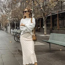 Женская шелковая в горошек с принтом, эластичная высокая талия, облегающая длинная юбка с русалочкой