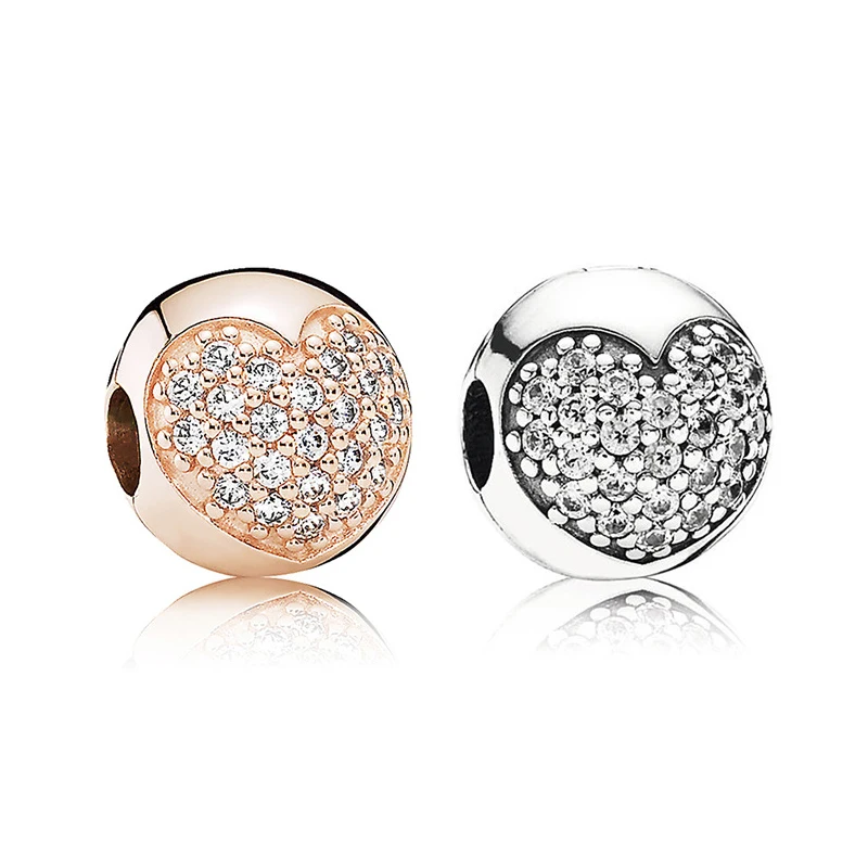 

New Original 100% 925 Sterling Silver Bead Clear CZ Pave Heart Clip Stopper Charm Fit Pandora Bracelet Bangle Women Diy Jewelry