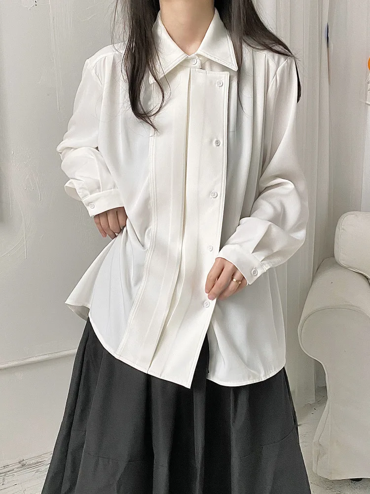 Ladies Long Sleeve Shirt Spring/Summer New Retro Asymmetric Fashion Trend Casual Loose Large Size Long Sleeve Shirt maxdutti british office ladies midi skirt women elegant asymmetric skirt fashion retro dark green high waist cotton linen