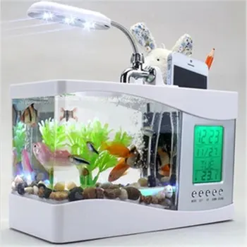 

Creative Mini USb Desktop Electronic Aquarium Fish Breeding Tank LED Light Calendar Aquarium Alarm Clock