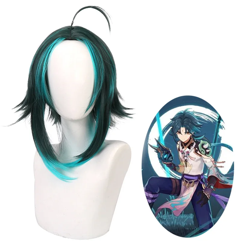 

Game Genshin Impact Xiao Cosplay Mixed Dark Green Blue Short Heat Resistant Synthetic Hair Halloween Role Play Wigs +Wig Cap