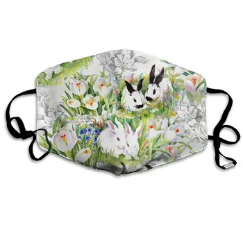 

Watercolor Rabbits Flowers Washable Reusable Mask, Cotton Anti Dust Half Face Mouth Mask For Kids Teens Men Women With