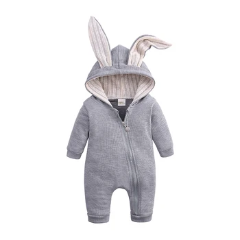 

2020 Winter diagonal zipper jumpsuit long-sleeved newborn kids romper clothing cute rabbit ears solid color Infant boy girl baby
